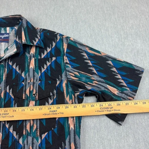 Vintage‎ Wrangler Shirt Mens Large Black Blue Aztec Snap Western Rodeo Cowboy